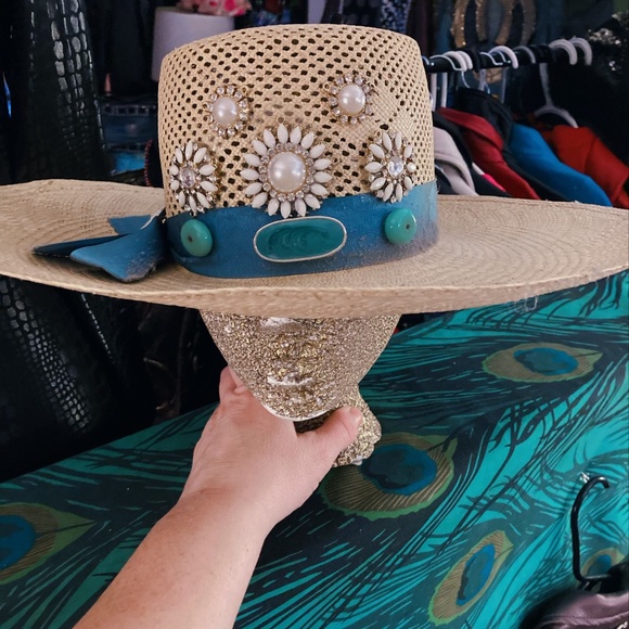 Customed Blue Ribbon Jeweled Straw Hat main image 4
